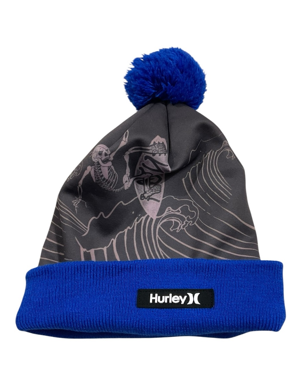 Hurley Youth Skeleton Surfer Wave Pom Beanie Blue Gray Boys 8-20